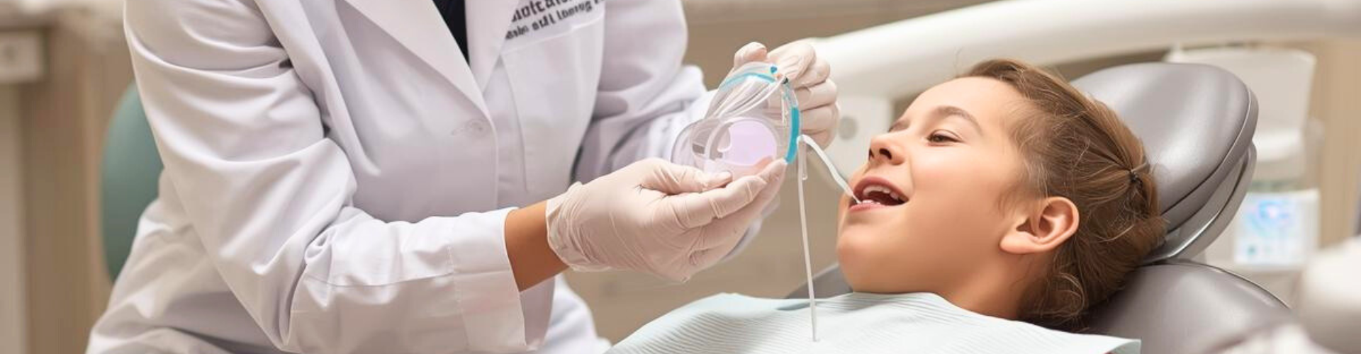 Dentist holding breathing mask in front of girl's face.